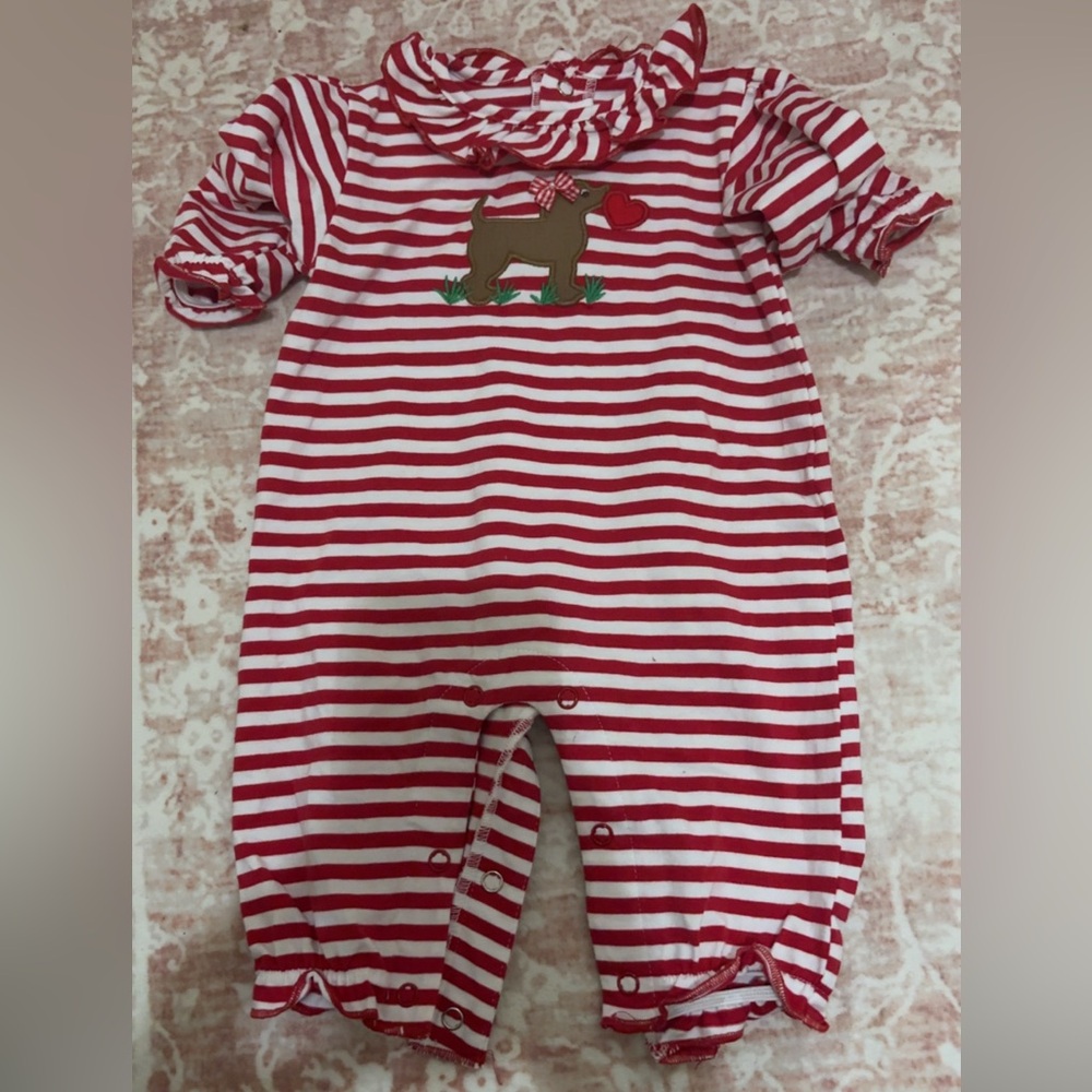 Red & White Striped Baby One-Piece Bodysuit with Reindeer Applique